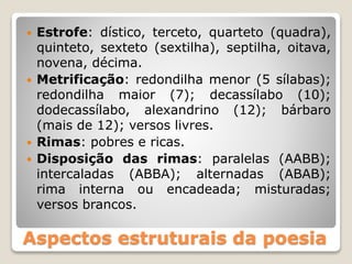 Aspectos estruturais da poesia
 Estrofe: dístico, terceto, quarteto (quadra),
quinteto, sexteto (sextilha), septilha, oitava,
novena, décima.
 Metrificação: redondilha menor (5 sílabas);
redondilha maior (7); decassílabo (10);
dodecassílabo, alexandrino (12); bárbaro
(mais de 12); versos livres.
 Rimas: pobres e ricas.
 Disposição das rimas: paralelas (AABB);
intercaladas (ABBA); alternadas (ABAB);
rima interna ou encadeada; misturadas;
versos brancos.
 