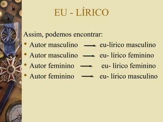EU - LÍRICO
Assim, podemos encontrar:
 Autor masculino eu-lírico masculino
 Autor masculino eu- lírico feminino
 Autor feminino eu- lírico feminino
 Autor feminino eu- lírico masculino
 