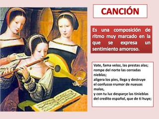 Vate, fama veloz, las prestas alas;
rompe del norte las cerradas
nieblas;
aligera los pies, llega y destruye
el confusso rrumor de nueuas
malas,
y con tu luz desparçe las tinieblas
del credito español, que de ti huye;
 