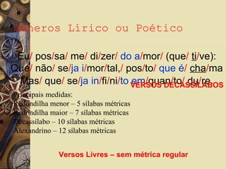 Gêneros Lírico ou Poético
Eu/ pos/sa/ me/ di/zer/ do a/mor/ (que/ ti/ve):
Que/ não/ se/ja i/mor/tal,/ pos/to/ que é/ cha/ma
Mas/ que/ se/ja in/fi/ni/to em/quan/to/ du/re.VERSOS DECASSÍLABOS
Principais medidas:
Redondilha menor – 5 sílabas métricas
Redondilha maior – 7 sílabas métricas
Decassílabo – 10 sílabas métricas
Alexandrino – 12 sílabas métricas
Versos Livres – sem métrica regular
 