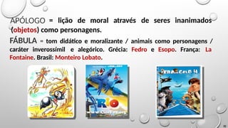 APÓLOGO
32
= lição de moral através de seres inanimados
(objetos) como personagens.
FÁBULA = tom didático e moralizante / animais como personagens /
caráter inverossímil e alegórico. Grécia: Fedro e Esopo. França: La
Fontaine. Brasil: Monteiro Lobato.
 