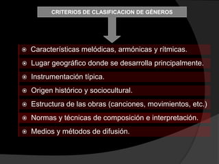 CRITERIOS DE CLASIFICACION DE GÉNEROS




   Características melódicas, armónicas y rítmicas.
   Lugar geográfico donde se desarrolla principalmente.
   Instrumentación típica.
   Origen histórico y sociocultural.
   Estructura de las obras (canciones, movimientos, etc.)
   Normas y técnicas de composición e interpretación.
   Medios y métodos de difusión.
 