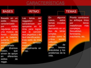CARACTERÍSTICAS

  BASES                      RITMO                                  TEMAS

Basada en un          Las letras del          En        algunos      Pronto cambiaron
estilo      rítmico   reggaeton          se   casos,       estos     su enfoque lírico
caracterizado         caracterizan por        temas iniciales        por         letras
por          cortes   apoyarse en la          fueron                 metafóricas más
regulares sobre       rima para lograr        derivando en un        complejas.
una música de         que la canción          tipo de letras         Sexualidad,
fondo       tocada    sea pegadiza y de       simples          y     feminismo,
por la batería,       fácil identificación.   crudas como la         machismo, etc.
guitarra,      bajo   Este estilo de rima     crítica     social,
eléctrico,            está         también    reflexión,
acompañado            inspirado               historias       de
por       diversos    principalmente en       amor,      breves
riddim,         que   el rap.                 anécdotas y los
sirven de apoyo                               problemas de la
en      diferentes                            vida.
estilos          de
regge.
 