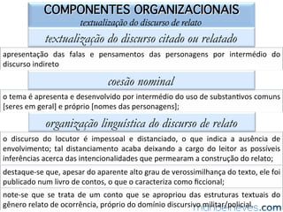 A ANEDOTA OU PIADA
gêneros narrativos e de relato no ENEM
definição
narra=va	curta	de	caráter	curioso	ou	jocoso	de	ﬁnal	surpreendente,	picante	ou	obsceno	
intencionalidade
lúdica,	crí=ca,	sarrica	
estrutura
apresentação,	complicador,	clímax,	desfecho;	preconceito;	ambiguidade;	deslocamento	
tipos textuais
exposição,	narração	e	argumentação	
suporte
oral,	livros	especíﬁcos,	jornais,	revistas,	internet,	entre	outros	
 
