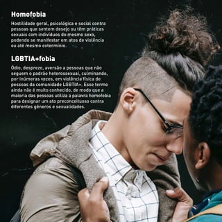Homofobia
Hostilidade geral, psicológica e social contra
pessoas que sentem desejo ou têm práticas
sexuais com indivíduos do mesmo sexo,
podendo se manifestar em atos de violência
ou até mesmo extermínio.
LGBTIA+fobia
Ódio, desprezo, aversão a pessoas que não
seguem o padrão heterossexual, culminando,
por inúmeras vezes, em violência física de
pessoas da comunidade LGBTIA+. Esse termo
ainda não é muito conhecido, de modo que a
maioria das pessoas utiliza a palavra homofobia
para designar um ato preconceituoso contra
diferentes gêneros e sexualidades.
 
