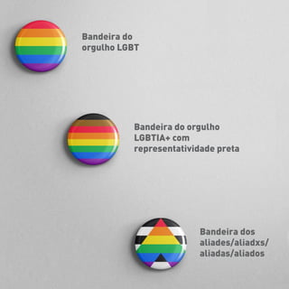 Bandeira do
orgulho LGBT
Bandeira do orgulho
LGBTIA+ com
representatividade preta
Bandeira dos
aliades/aliadxs/
aliadas/aliados
 