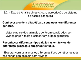 3.2 - Eixo de Analise Linguística: a apropriação do sistema
de escrita alfabética
Conhecer a ordem alfabética e seus usos em diferentes
gêneros.

- Listar o nome dos animais que foram convidados por
Viviana para a festa e colocar em ordem alfabética.
Reconhecer diferentes tipos de letras em textos de
diferentes gêneros e suportes textuais.
- Explorar com os alunos os diferentes tipos de letras usados
nas cartas dos animais para Viviana.

 
