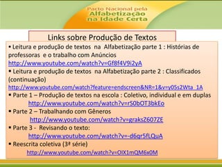 Links sobre Produção de Textos
 Leitura e produção de textos na Alfabetização parte 1 : Histórias de

professoras e o trabalho com Anúncios
http://www.youtube.com/watch?v=Gf8f4V9i2yA
 Leitura e produção de textos na Alfabetização parte 2 : Classificados
(continuação)
http://www.youtube.com/watch?feature=endscreen&NR=1&v=y05s2Wta_1A

 Parte 1 – Produção de textos na escola : Coletivo, individual e em duplas
http://www.youtube.com/watch?v=rS0bOT3bkEo
 Parte 2 – Trabalhando com Gêneros
http://www.youtube.com/watch?v=graksZ607ZE
 Parte 3 - Revisando o texto:
http://www.youtube.com/watch?v=-d6qr5fLQuA
 Reescrita coletiva (3ª série)
http://www.youtube.com/watch?v=OIX1mQM6x0M

 
