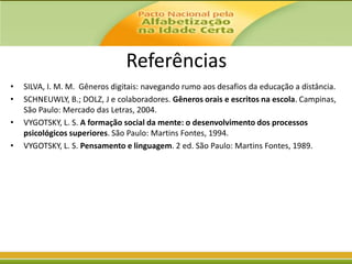 Referências
•
•
•
•

SILVA, I. M. M. Gêneros digitais: navegando rumo aos desafios da educação a distância.
SCHNEUWLY, B.; DOLZ, J e colaboradores. Gêneros orais e escritos na escola. Campinas,
São Paulo: Mercado das Letras, 2004.
VYGOTSKY, L. S. A formação social da mente: o desenvolvimento dos processos
psicológicos superiores. São Paulo: Martins Fontes, 1994.
VYGOTSKY, L. S. Pensamento e linguagem. 2 ed. São Paulo: Martins Fontes, 1989.

 