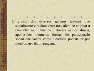 O ensino dos diversos gêneros textuais que socialmente circulam entre nós, além de ampliar a competência linguística e discursiva dos alunos, aponta-lhes inúmeras formas de participação social que vocês, como cidadãos, podem ter por meio do uso da linguagem. 