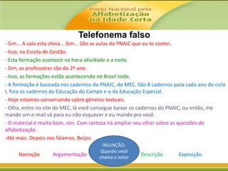 Telefonema falso
- Sim... A sala esta cheia... Sim... São as aulas do PNAIC que eu te contei..
- Isso, na Escola de Gestão.
- Esta formação acontece na hora-atividade e a noite.
- Sim, as professoras são do 2º ano.
- Isso, as formações estão acontecendo no Brasil todo.
- A formação é baseada nos cadernos do PNAIC, do MEC. São 8 cadernos para cada ano do ciclo
I, fora os cadernos da Educação do Campo e o da Educação Especial.
- Hoje estamos conversando sobre gêneros textuais.
- Olha, entre no site do MEC, lá você consegue baixar os cadernos do PNAIC, ou então, me
mande um e-mail só para eu não esquecer e eu mando pra você.
- O material é muito bom, sim. Com certeza irá ampliar seu olhar sobre as questões de
alfabetização.
-Até mais. Depois nos falamos. Beijos.
Narração

Argumentação

INJUNÇÃO:
Quando você
Injunção
chama o leitor

Descrição

Exposição

 