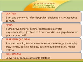 • CANTIGA
• é um tipo de canção infantil popular relacionada às brincadeiras
de roda.
• PIADA
• é uma breve história, de final engraçado e às vezes
surpreendente, cujo objetivo é provocar risos ou gargalhadas em
quem a ouve ou lê.
• APRESENTAÇÃO ORAL
• é uma exposição, feita oralmente, sobre um tema, por exemplo,
arte, ciência, política, religião, para um público mais ou menos
restrito.
• TELEFONEMA
• Conversa ou comunicação pelo telefone

 