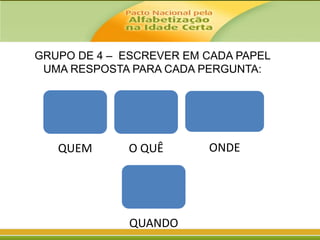 GRUPO DE 4 – ESCREVER EM CADA PAPEL
UMA RESPOSTA PARA CADA PERGUNTA:

QUEM

O QUÊ

QUANDO

ONDE

 