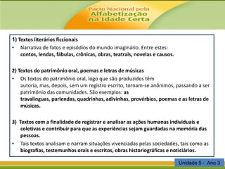 1) Textos literários ficcionais
• Narrativa de fatos e episódios do mundo imaginário. Entre estes:
contos, lendas, fábulas, crônicas, obras, teatrais, novelas e causos.
2) Textos do patrimônio oral, poemas e letras de músicas
• Os textos do patrimônio oral, logo que são produzidos têm
autoria, mas, depois, sem um registro escrito, tornam-se anônimos, passando a ser
patrimônio das comunidades. São exemplos: as
travalínguas, parlendas, quadrinhas, adivinhas, provérbios, poemas e as letras de
músicas.
3) Textos com a finalidade de registrar e analisar as ações humanas individuais e
coletivas e contribuir para que as experiências sejam guardadas na memória das
pessoas.
• Tais textos analisam e narram situações vivenciadas pelas sociedades, tais como as
biografias, testemunhos orais e escritos, obras historiográficas e noticiários.
Unidade 5 - Ano 3

 