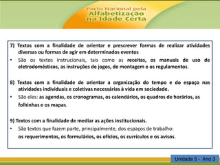 7) Textos com a finalidade de orientar e prescrever formas de realizar atividades
diversas ou formas de agir em determinados eventos
• São os textos instrucionais, tais como as receitas, os manuais de uso de
eletrodomésticos, as instruções de jogos, de montagem e os regulamentos.
8) Textos com a finalidade de orientar a organização do tempo e do espaço nas
atividades individuais e coletivas necessárias à vida em sociedade.
• São eles: as agendas, os cronogramas, os calendários, os quadros de horários, as
folhinhas e os mapas.
9) Textos com a finalidade de mediar as ações institucionais.
• São textos que fazem parte, principalmente, dos espaços de trabalho:
os requerimentos, os formulários, os ofícios, os currículos e os avisos.

Unidade 5 - Ano 3

 
