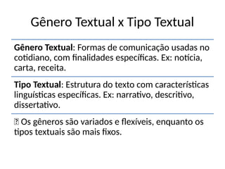 Gênero Textual x Tipo Textual
Gênero Textual: Formas de comunicação usadas no
cotidiano, com finalidades específicas. Ex: notícia,
carta, receita.
Tipo Textual: Estrutura do texto com características
linguísticas específicas. Ex: narrativo, descritivo,
dissertativo.
📌 Os gêneros são variados e flexíveis, enquanto os
tipos textuais são mais fixos.
 