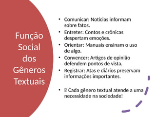 Função
Social
dos
Gêneros
Textuais
• Comunicar: Notícias informam
sobre fatos.
• Entreter: Contos e crônicas
despertam emoções.
• Orientar: Manuais ensinam o uso
de algo.
• Convencer: Artigos de opinião
defendem pontos de vista.
• Registrar: Atas e diários preservam
informações importantes.
• 📌 Cada gênero textual atende a uma
necessidade na sociedade!
 
