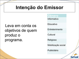 Intenção do Emissor
Leva em conta os
objetivos de quem
produz o
programa.
Gênero
Informativo
Educativo
Entretenimento
Cultural
Religioso
Mobilização social
Publicitário
 