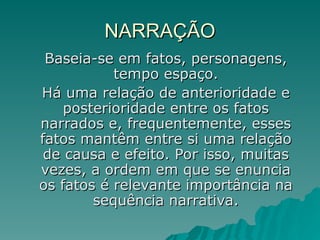 NARRAÇÃO
NARRAÇÃO
Baseia-se em fatos, personagens,
Baseia-se em fatos, personagens,
tempo espaço.
tempo espaço.
Há uma relação de anterioridade e
Há uma relação de anterioridade e
posterioridade entre os fatos
posterioridade entre os fatos
narrados e, frequentemente, esses
narrados e, frequentemente, esses
fatos mantêm entre si uma relação
fatos mantêm entre si uma relação
de causa e efeito. Por isso, muitas
de causa e efeito. Por isso, muitas
vezes, a ordem em que se enuncia
vezes, a ordem em que se enuncia
os fatos é relevante importância na
os fatos é relevante importância na
sequência narrativa.
sequência narrativa.
 