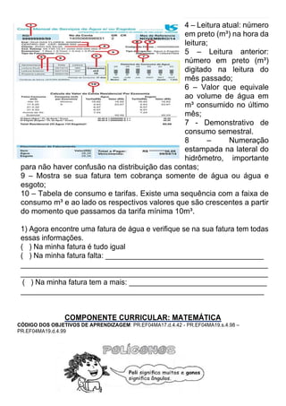 4 – Leitura atual: número
em preto (m³) na hora da
leitura;
5 – Leitura anterior:
número em preto (m³)
digitado na leitura do
mês passado;
6 – Valor que equivale
ao volume de água em
m³ consumido no último
mês;
7 - Demonstrativo de
consumo semestral.
8 – Numeração
estampada na lateral do
hidrômetro, importante
para não haver confusão na distribuição das contas;
9 – Mostra se sua fatura tem cobrança somente de água ou água e
esgoto;
10 – Tabela de consumo e tarifas. Existe uma sequência com a faixa de
consumo m³ e ao lado os respectivos valores que são crescentes a partir
do momento que passamos da tarifa mínima 10m³.
1) Agora encontre uma fatura de água e verifique se na sua fatura tem todas
essas informações.
( ) Na minha fatura é tudo igual
( ) Na minha fatura falta: _______________________________________
_____________________________________________________________
_____________________________________________________________
( ) Na minha fatura tem a mais: __________________________________
____________________________________________________________
COMPONENTE CURRICULAR: MATEMÁTICA
CÓDIGO DOS OBJETIVOS DE APRENDIZAGEM: PR.EF04MA17.d.4.42 - PR.EF04MA19.s.4.98 –
PR.EF04MA19.d.4.99
 