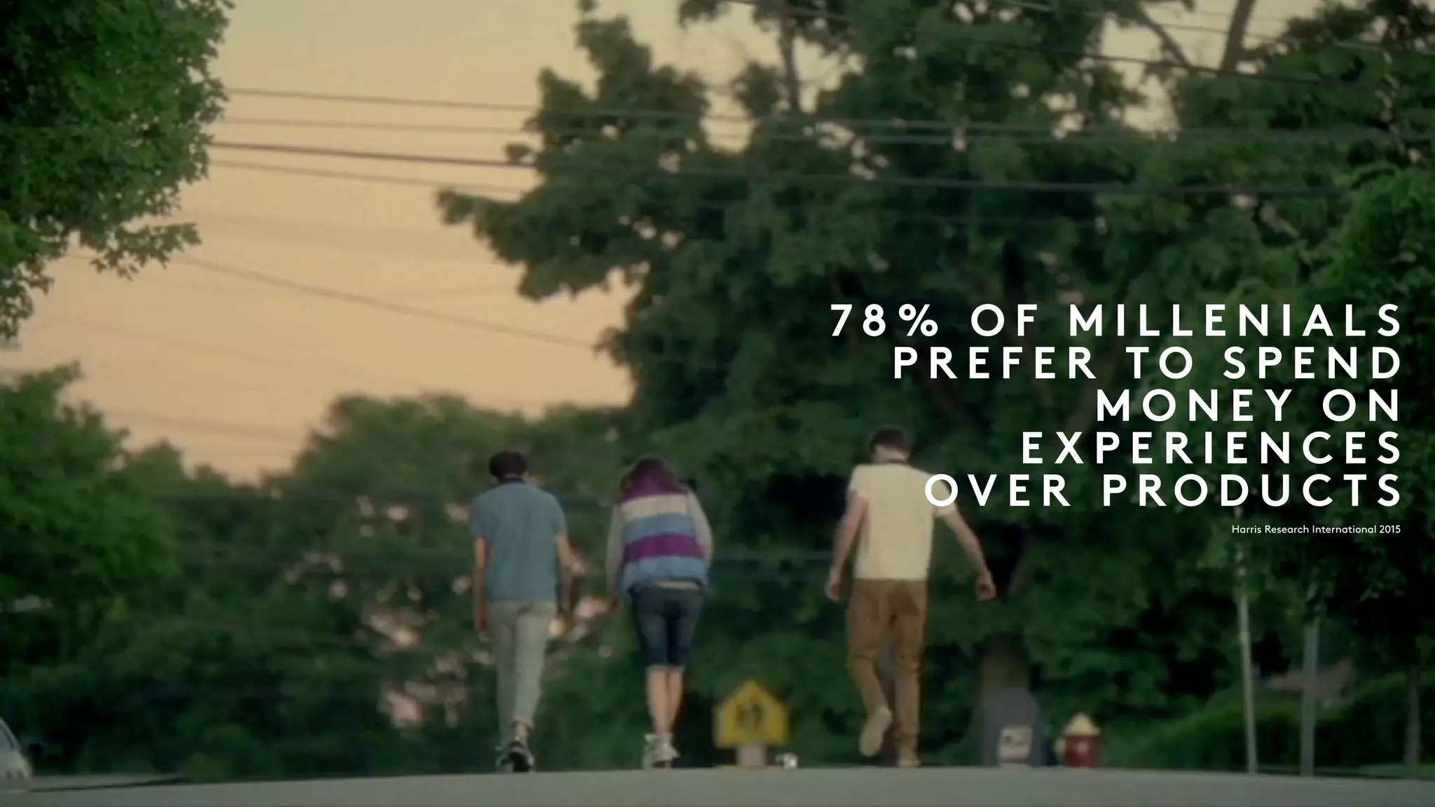 7 8 % O F M I L L E N I A L S
P R E F E R T O S P E N D
M O N E Y O N
E X P E R I E N C E S
O V E R P R O D U C T S
Harris Research International 2015
 
