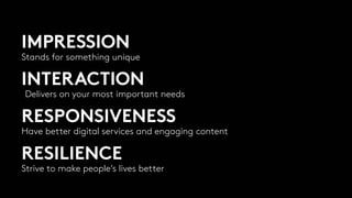 RESILIENCE
Strive to make people’s lives better
RESPONSIVENESS
Have better digital services and engaging content
INTERACTION
Delivers on your most important needs
IMPRESSION
Stands for something unique
 