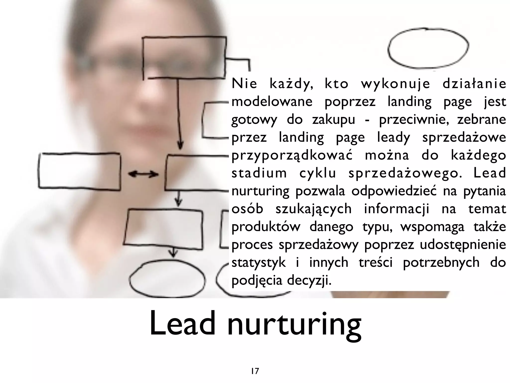Nie każdy, kto wykonuje działanie
     modelowane poprzez landing page jest
     gotowy do zakupu - przeciwnie, zebrane
     przez landing page leady sprzedażowe
     przyporządkować można do każdego
     stadium cyklu sprzedażowego. Lead
     nurturing pozwala odpowiedzieć na pytania
     osób szukających informacji na temat
     produktów danego typu, wspomaga także
     proces sprzedażowy poprzez udostępnienie
     statystyk i innych treści potrzebnych do
     podjęcia decyzji.


Lead nurturing
       17
 