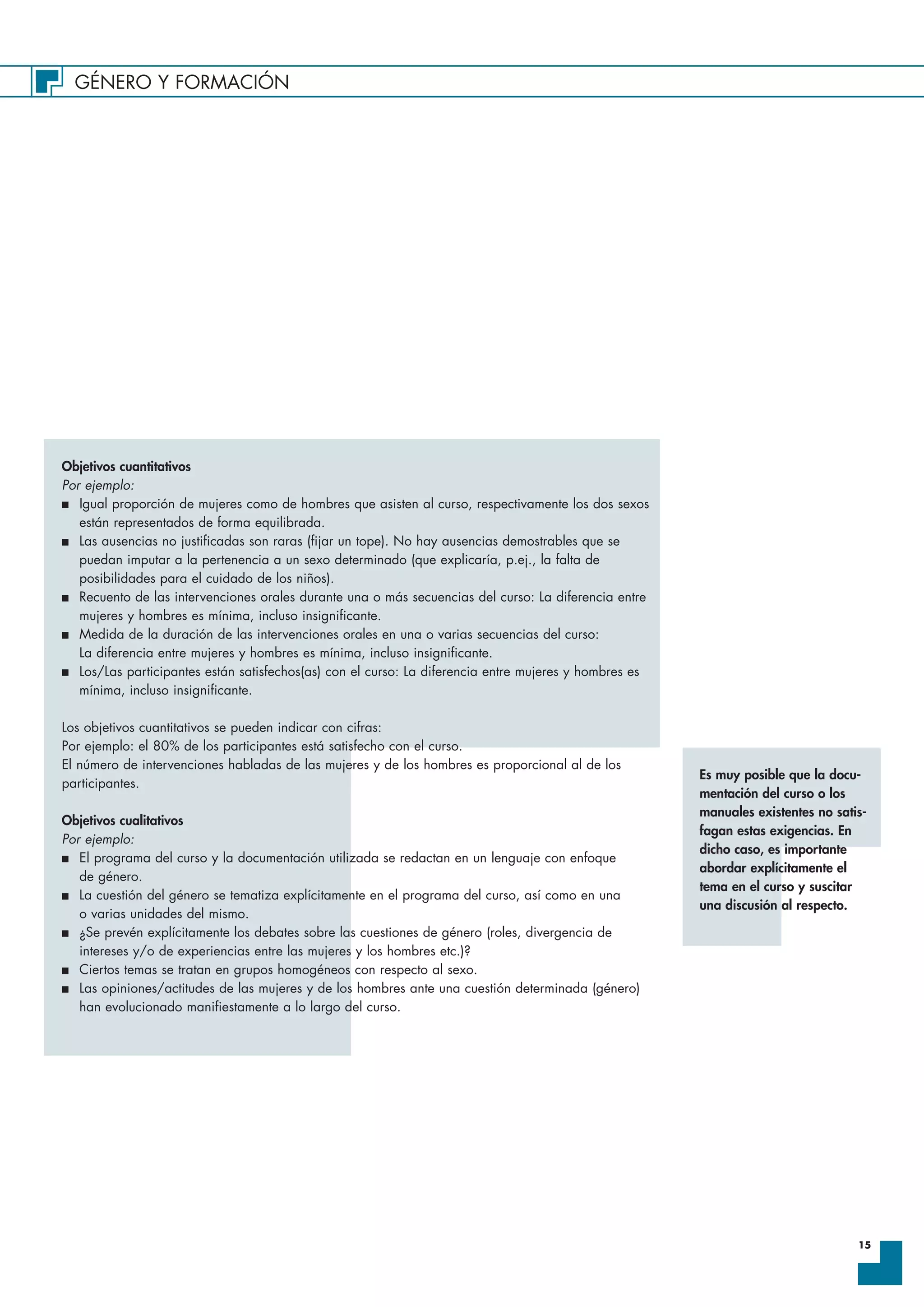 GÉNERO Y FORMACIÓN
15
Objetivos cuantitativos
Por ejemplo:
I Igual proporción de mujeres como de hombres que asisten al curso, respectivamente los dos sexos
están representados de forma equilibrada.
I Las ausencias no justificadas son raras (fijar un tope). No hay ausencias demostrables que se
puedan imputar a la pertenencia a un sexo determinado (que explicaría, p.ej., la falta de
posibilidades para el cuidado de los niños).
I Recuento de las intervenciones orales durante una o más secuencias del curso: La diferencia entre
mujeres y hombres es mínima, incluso insignificante.
I Medida de la duración de las intervenciones orales en una o varias secuencias del curso:
La diferencia entre mujeres y hombres es mínima, incluso insignificante.
I Los/Las participantes están satisfechos(as) con el curso: La diferencia entre mujeres y hombres es
mínima, incluso insignificante.
Los objetivos cuantitativos se pueden indicar con cifras:
Por ejemplo: el 80% de los participantes está satisfecho con el curso.
El número de intervenciones habladas de las mujeres y de los hombres es proporcional al de los
participantes.
Objetivos cualitativos
Por ejemplo:
I El programa del curso y la documentación utilizada se redactan en un lenguaje con enfoque
de género.
I La cuestión del género se tematiza explícitamente en el programa del curso, así como en una
o varias unidades del mismo.
I ¿Se prevén explícitamente los debates sobre las cuestiones de género (roles, divergencia de
intereses y/o de experiencias entre las mujeres y los hombres etc.)?
I Ciertos temas se tratan en grupos homogéneos con respecto al sexo.
I Las opiniones/actitudes de las mujeres y de los hombres ante una cuestión determinada (género)
han evolucionado manifiestamente a lo largo del curso.
Es muy posible que la docu-
mentación del curso o los
manuales existentes no satis-
fagan estas exigencias. En
dicho caso, es importante
abordar explícitamente el
tema en el curso y suscitar
una discusión al respecto.
 