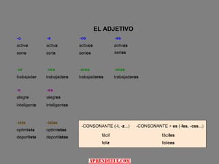 EL ADJETIVO
-o            -a             -os                 -as
activo        activa         activos             activas
serio         seria          serios              serias



-or           -ora           -ores               -oras
trabajador    trabajadora    trabajadores        trabajadoras


-e            -es
alegre        alegres
inteligente   inteligentes



-ista         -istas
                              -CONSONANTE (-l, -z...)      -CONSONANTE + es (-les, -ces...)
optimista     optimistas
deportista    deportistas                fácil                         fáciles
                                         feliz                         felices
 