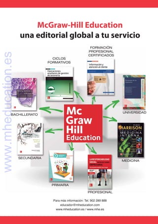 SECUNDARIA
PRIMARIA
BACHILLERATO
CICLOS
FORMATIVOS
FORMACIÓN
PROFESIONAL
CERTIFICADOS
MEDICINA
UNIVERSIDAD
Para más información: Tel. 902 289 888
educador@mheducation.com
www.mheducation.es / www.mhe.es
PROFESIONAL
McGraw-Hill Education
una editorial global a tu servicio
www.mheducation.es
 