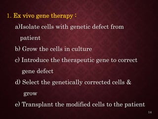 1. Ex vivo gene therapy :
a)Isolate cells with genetic defect from
patient
b) Grow the cells in culture
c) Introduce the therapeutic gene to correct
gene defect
d) Select the genetically corrected cells &
grow
e) Transplant the modified cells to the patient
14
 