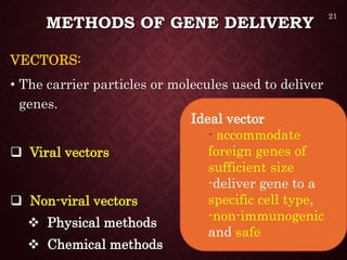 METHODS OF GENE DELIVERY
VECTORS:
• The carrier particles or molecules used to deliver
genes.
 Viral vectors
 Non-viral vectors
 Physical methods
 Chemical methods
Ideal vector
- accommodate
foreign genes of
sufficient size
-deliver gene to a
specific cell type,
-non-immunogenic
and safe
21
 