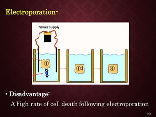 Electroporation-
• Disadvantage:
A high rate of cell death following electroporation
29
 