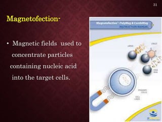 Magnetofection-
• Magnetic fields used to
concentrate particles
containing nucleic acid
into the target cells.
31
 