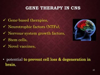 GENE THERAPY IN CNS
 Gene-based therapies,
 Neurotrophic factors (NTFs),
 Nervous-system growth factors,
 Stem cells,
 Novel vaccines,
• potential to prevent cell loss & degeneration in
brain,
41
 
