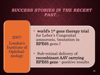 SUCCESS STORIES IN THE RECENT
PAST..
• world’s 1st gene therapy trial
for Leber’s Congenital
amaurosis, (mutation in
RPE65 gene.)
• Sub-retinal delivery of
recombinant AAV carrying
RPE65 gene - positive results
2007:
London’s
Institute of
Ophthal-
mology
45
 