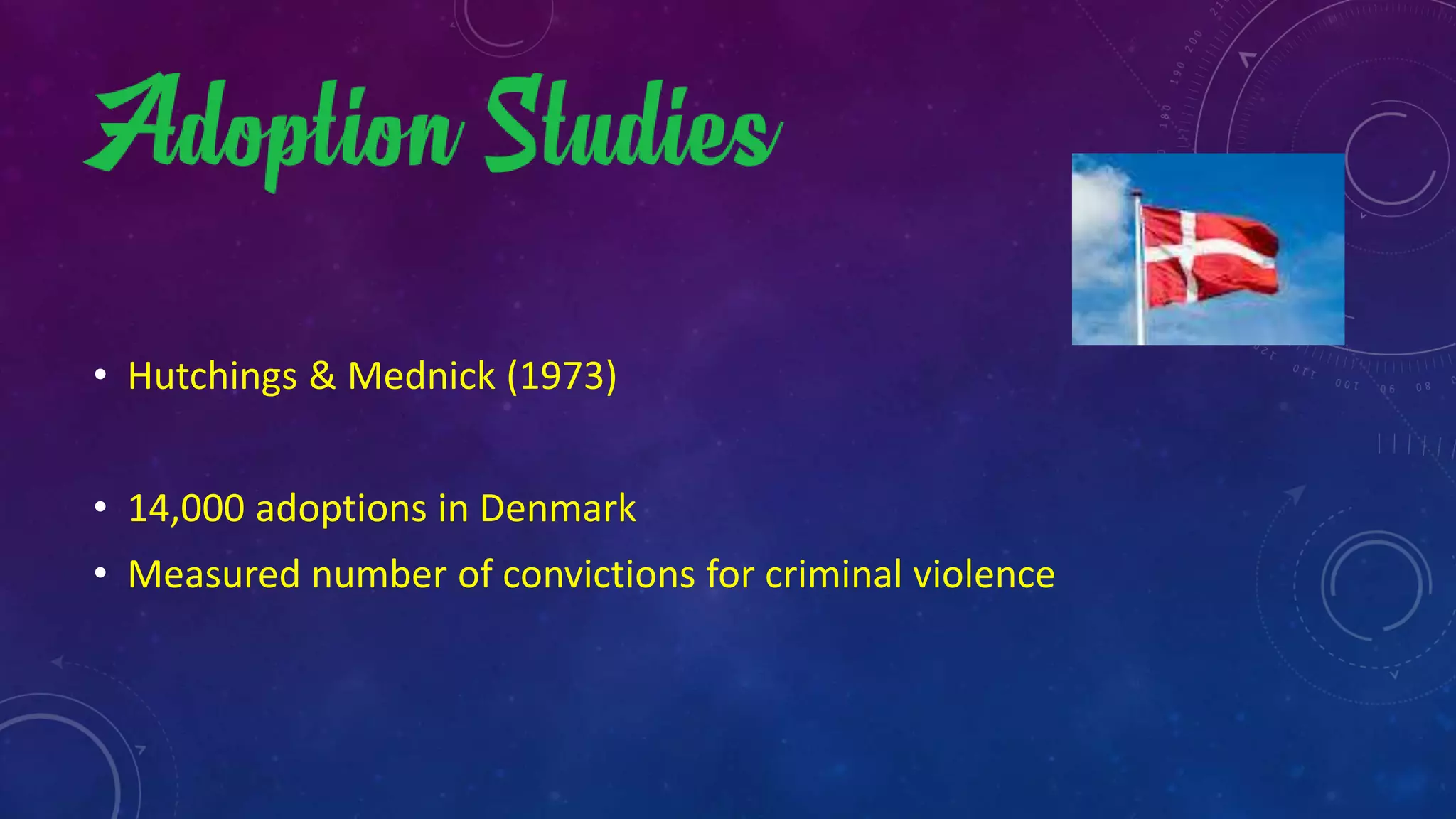 • Hutchings & Mednick (1973)
• 14,000 adoptions in Denmark
• Measured number of convictions for criminal violence
 