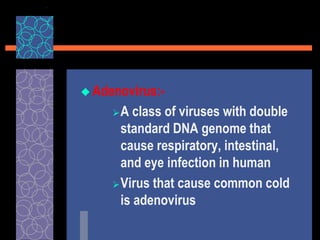  Adenovirus:-
A class of viruses with double
standard DNA genome that
cause respiratory, intestinal,
and eye infection in human
Virus that cause common cold
is adenovirus
 