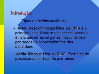 Introdução:
Tipos de ácidos nucléicos:
- Ácido desoxirribonucléico ou DNA é o
principal constituinte dos cromossomos e
é nele que estão os genes, responsáveis
por todas as características dos
indivíduos
- Ácido Ribonucléico ou RNA. Participa do
processo da síntese de proteínas
 