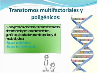 Transtornos multifactoriales y poligénicos: La expresión de estas enfermedades está determinada por los antecedentes genéticos, los factores ambientales y el modo de vida. Rasgo poligénico. Rasgo multifactorial.  