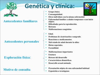 Genética y clínica: Antecedentes familiares Grupo étnico. Consanguinidad. Otros individuos con la misma enfermedad. Enfermedad familiar a edades tempranas o con inicio atípico. Dificultades para la reproducción. Retrasos  Malformaciones congénitas. Edad. Problemas de cicatrización o sangrado. Reacciones a medicamentos. Mal estado de salud durante la niñez Dietas especiales. Fecundidad. Presentación atípica de una enfermedad habitual Exposición a teratógenos Malformaciones importantes Estatura  Retraso del desarrollo Características dismórficas. Desarrollo sexual anómalo. Antecedentes personales Motivo de consulta Exploración física: 