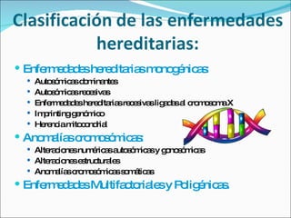 Enfermedades hereditarias monogénicas :  Autosómicas dominantes  Autosómicas recesivas Enfermedades hereditarias recesivas ligadas al cromosoma X Imprinting genómico Herencia mitocondrial Anomalías cromosómicas: Alteraciones numéricas autosómicas y gonosómicas Alteraciones estructurales Anomalías cromosómicas somáticas  Enfermedades Multifactoriales y Poligénicas. 
