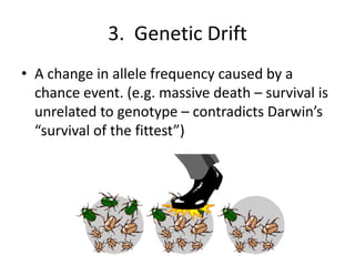 3.  Genetic DriftA change in allele frequency caused by a chance event. (e.g. massive death – survival is unrelated to genotype – contradicts Darwin’s “survival of the fittest”)