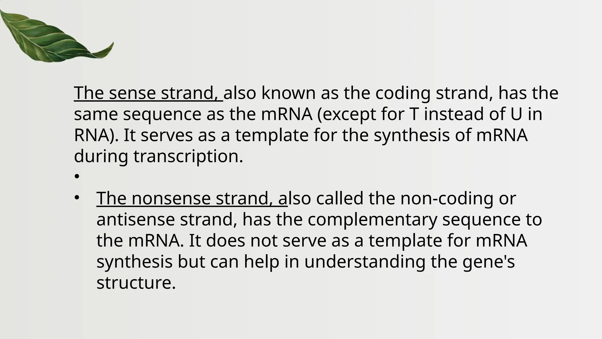 The sense strand, also known as the coding strand, has the
same sequence as the mRNA (except for T instead of U in
RNA). It serves as a template for the synthesis of mRNA
during transcription.
•
• The nonsense strand, also called the non-coding or
antisense strand, has the complementary sequence to
the mRNA. It does not serve as a template for mRNA
synthesis but can help in understanding the gene's
structure.
 