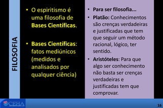 • O espiritismo é
uma filosofia de
Bases Científicas.
• Bases Científicas:
fatos mediúnicos
(medidos e
analisados por
qualquer ciência)
• Para ser filosofia...
• Platão: Conhecimentos
são crenças verdadeiras
e justificadas que tem
que seguir um método
racional, lógico, ter
sentido.
• Aristóteles: Para que
algo ser conhecimento
não basta ser crenças
verdadeiras e
justificadas tem que
comprovar.
FILOSOFIA
16
 