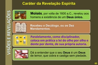 VISÕESEREVELAÇÕES
Caráter da Revelação Espírita
Moisés, por volta de 1600 a.C., revelou aos
homens a existência de um Deus único.
Recebeu o Decálogo, ou os Dez
Mandamentos.
Paralelamente, como disciplinador,
coloca em prática a lei do olho por olho e
dente por dente, de sua própria autoria.
Dá a entender que o seu Deus é um Deus
de temor, que cobra e castiga sem piedade.
65
 