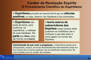 Caráter da Revelação Espírita
O Procedimento Científico do Espiritismo
O Espiritismo procede da mesma forma que as ciências
positivas, ou seja, observa, faz hipóteses e tira conclusões.
Caminhando de par com o progresso, o Espiritismo jamais será
ultrapassado, porque, se novas descobertas lhe demonstrarem estar em
erro acerca de um ponto qualquer, ele se modificaria nesse ponto. Se
uma verdade nova se revelar, ele aceitará.
O Espiritismo não
parte da teoria, para
confirmar, na
experiência, a validade
de suas hipóteses. Ele
parte dos fatos, para
daí formar uma teoria.
A teoria acerca da
sobrevivência dos
Espíritos surgiu porque estes
quiseram se manifestar, dar a
conhecer o que eles eram e
como agiam no mundo dos
Espíritos.
69
 