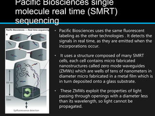 Pacific Biosciences single
molecule real time (SMRT)
sequencing
• Pacific Biosciences uses the same fluorescent
labeling as the other technologies . It detects the
signals in real time, as they are emitted when the
incorporations occur.
• It uses a structure composed of many SMRT
cells, each cell contains micro fabricated
nanostructures called zero mode waveguides
(ZMWs) which are wells of tens of nanometers in
diameter micro fabricated in a metal film which is
in turn deposited onto a glass substrate.
• These ZMWs exploit the properties of light
passing through openings with a diameter less
than its wavelength, so light cannot be
propagated.
 