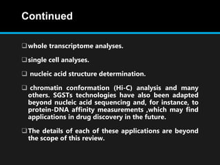 Continued
whole transcriptome analyses.
single cell analyses.
 nucleic acid structure determination.
 chromatin conformation (Hi-C) analysis and many
others. SGSTs technologies have also been adapted
beyond nucleic acid sequencing and, for instance, to
protein-DNA affinity measurements ,which may find
applications in drug discovery in the future.
The details of each of these applications are beyond
the scope of this review.
 