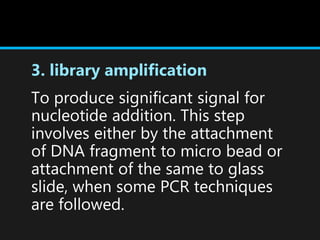 3. library amplification
To produce significant signal for
nucleotide addition. This step
involves either by the attachment
of DNA fragment to micro bead or
attachment of the same to glass
slide, when some PCR techniques
are followed.
 